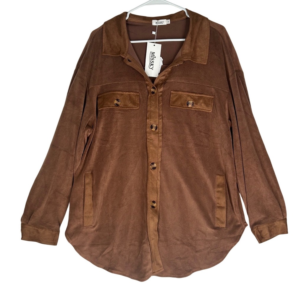 Missky Super Soft Brown Button‎ Up Shirt Jacket with Pockets Women's Size L NWT
